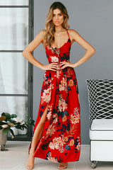 Vestido largo con espalda cruzada y estampado acampanado