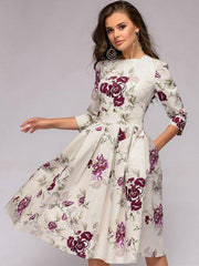 Vestidos skater de corte A con cuello redondo y mangas tres cuartos