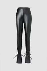 Faux Leather Slit And Tie Ankle Pants