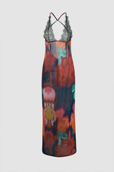 Abstract Print Lace Backless Maxi Dress