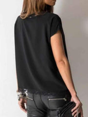 Camiseta de manga corta de encaje con escote en V sexy y sencilla