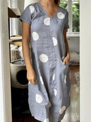 Vestidos casuales de mezcla de algodón con cuello en V y lunares