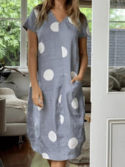 Vestidos casuales de mezcla de algodón con cuello en V y lunares