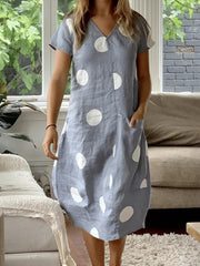 Vestidos casuales de mezcla de algodón con cuello en V y lunares