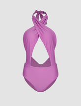 Traje de baño de una pieza con cuello halter y cruz morada