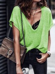 Camiseta de verano de manga corta lisa con cuello en V y talla grande para mujer