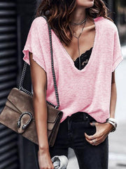 Camiseta de verano de manga corta lisa con cuello en V y talla grande para mujer
