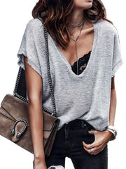 Camiseta de verano de manga corta lisa con cuello en V y talla grande para mujer