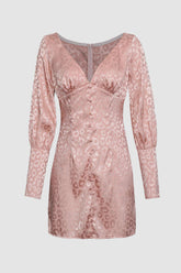 Vestido mini de manga larga con botones y escote en V de satén jacquard