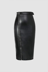 Belted Zip Through Faux Leather Midi Skirt
