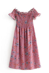 Vestido midi con hombros descubiertos y estampado rosa
