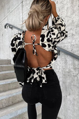 Season To Shine Leopard Backless Long Sleeve Top