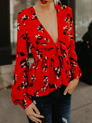 Blusas de mujer con estampado de fajas, escote en V profundo y mangas largas