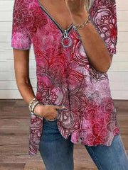 Camisas y tops casuales de cuello en V y manga corta con estampado