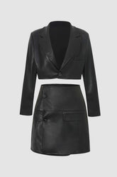 Faux Leather Cropped Blazer And Wrap Skirt Set