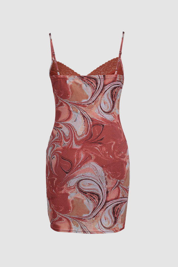 Abstract Print Lace Detail Mini Dress