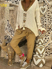 Suéter de punto irregular de manga larga con cuello en V y guantes de talla grande