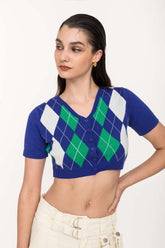 Kurzärmliges Strickoberteil mit Argyle-Muster
