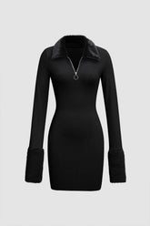 Kleid mit flauschigem Besatz und halbem Reißverschluss