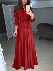 Plus Size Solid Woman Long Sleeve Button Tie Long Maxi Dresses