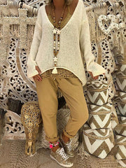 Suéter de punto irregular de manga larga con cuello en V y guantes de talla grande