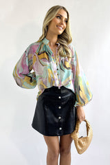 Make Yourself Happy Print Button Down Long Sleeve Top