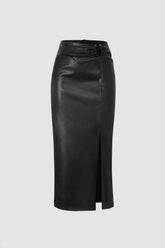 Faux Leather Side Slit Midi Skirt