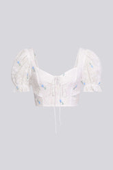 Embroidery Tie Front Lace Crop Top