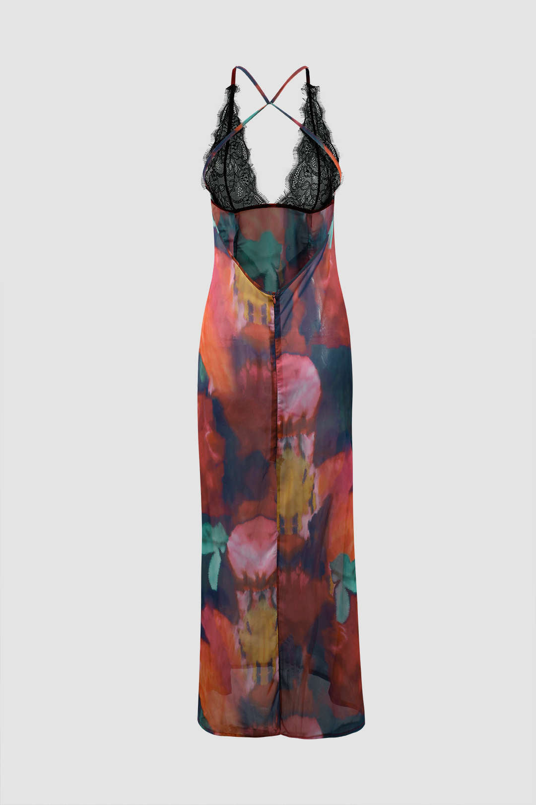 Abstract Print Lace Backless Maxi Dress