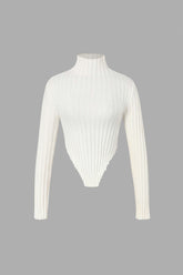 Asymmetric Lettuce Trim Knit Mock Neck Top