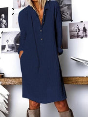 Vestidos rectos de mezcla de algodón con mangas largas y cuello en V para mujer
