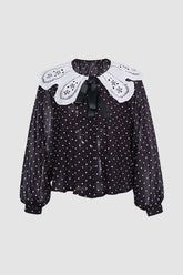 Collar Trim Polka Dot Chiffon Blouses