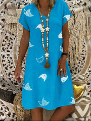 Vestidos rectos de largo medio con mangas cortas y cuello en V estampados