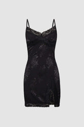 Minivestido con abertura y encaje de satén jacquard
