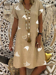 Vestidos rectos de largo medio con mangas cortas y cuello en V estampados