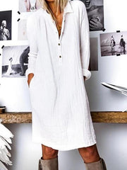 Vestidos rectos de mezcla de algodón con mangas largas y cuello en V para mujer