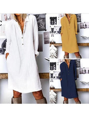 Vestidos rectos de mezcla de algodón con mangas largas y cuello en V para mujer