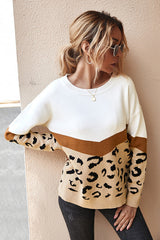 Cómodo suéter de manga larga con estampado de leopardo