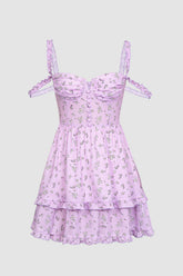 Minivestido con corpiño floral, capas y volantes en el bajo