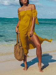 Vestidos de vacaciones largos de gasa con hombros descubiertos y mangas anudadas