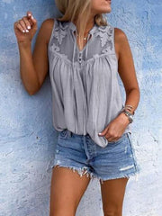 Blusas plisadas sin mangas con cuello en V y encaje