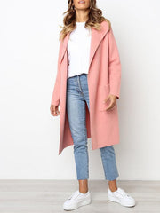 Pink Pure Color Lapel with Pocket Long Style Cardigan Woolen Coat for Women