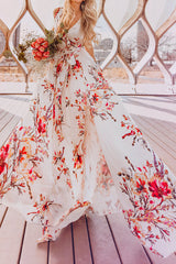 Vestido largo acampanado con cintura anudada y estampado bohemio