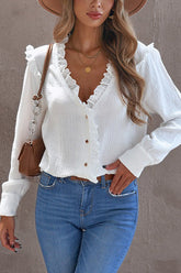 Reach Out Lace Ruffled Button Up Top