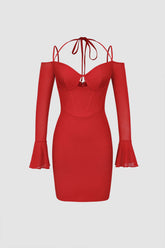 Neckholder-Minikleid mit Korsett und ausgestellten Ärmeln