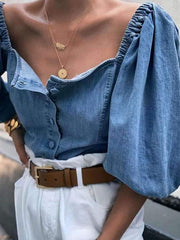 Blusen aus Denim mit offenen Schultern und Laternenärmeln