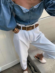 Blusen aus Denim mit offenen Schultern und Laternenärmeln