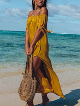 Vestidos de vacaciones largos de gasa con hombros descubiertos y mangas anudadas