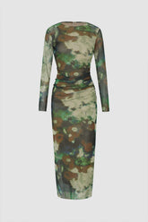 Abstract Print Sheer Mesh Ruched Midi Dress