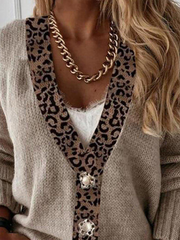 Lässige Strickoberbekleidung mit Leopardenmuster und V-Ausschnitt in Übergröße